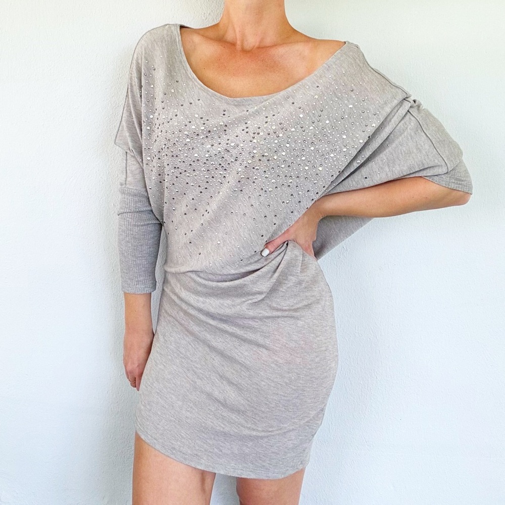 VENUS gray silver rhinestone stud off-shoulder dolman sweater dress size medium